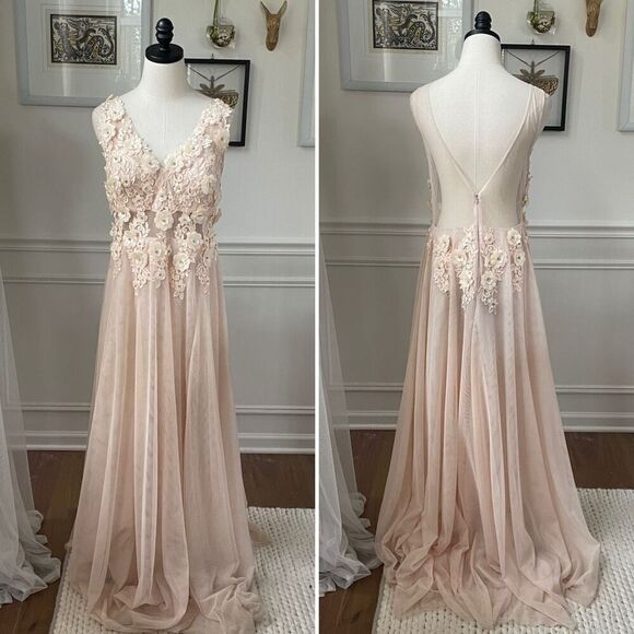 B Smart Nude Blush Formal Prom Gown Illusion Waist Back Tulle Cut Out Flower $20 - Picture 1 of 7